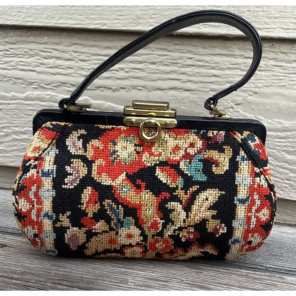 Vintage MM Morris Moskowitz Small Tapestry Handbag Leather Handle